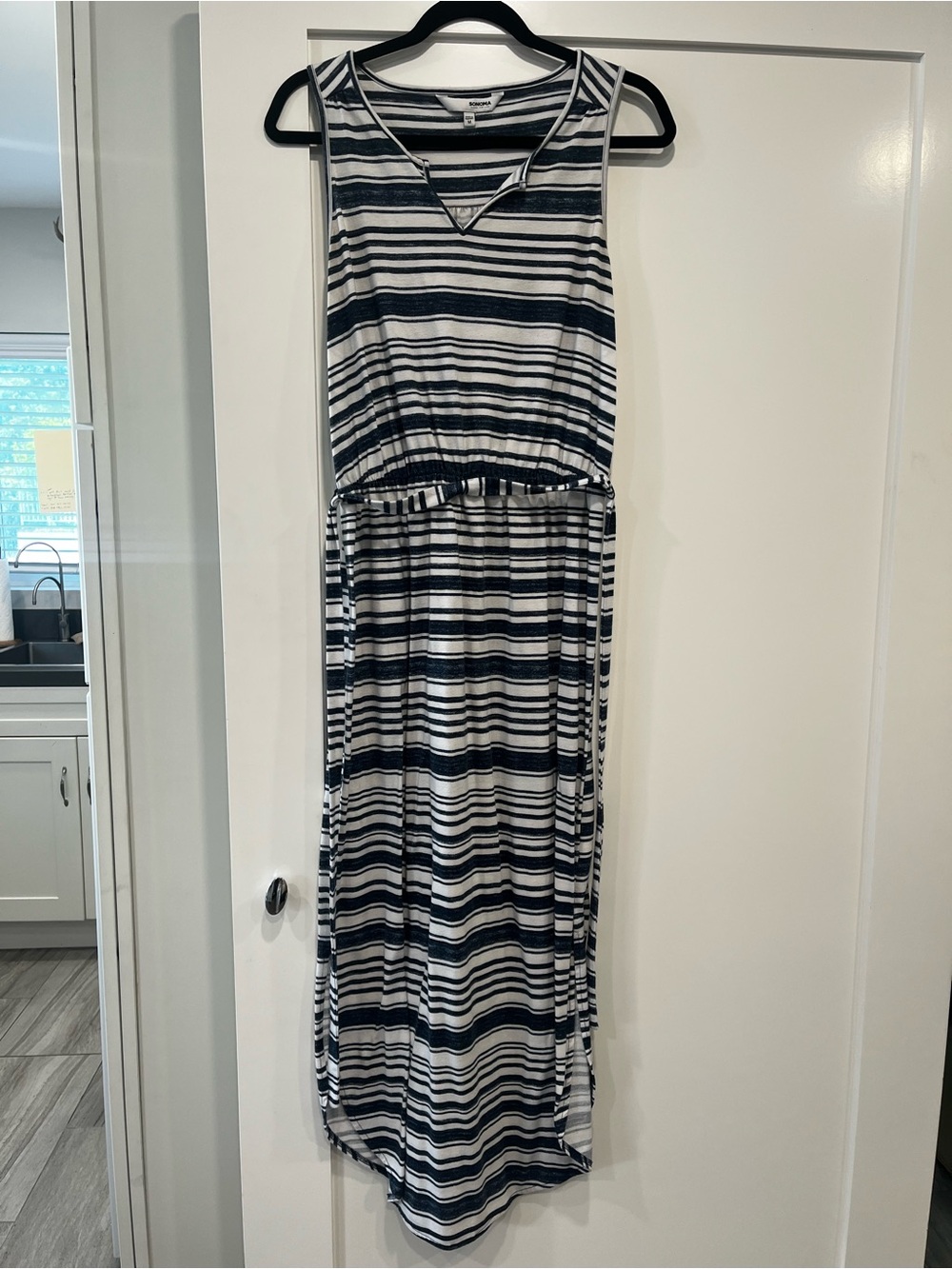 Sleeveless Navy and White Striped Maxi Dress